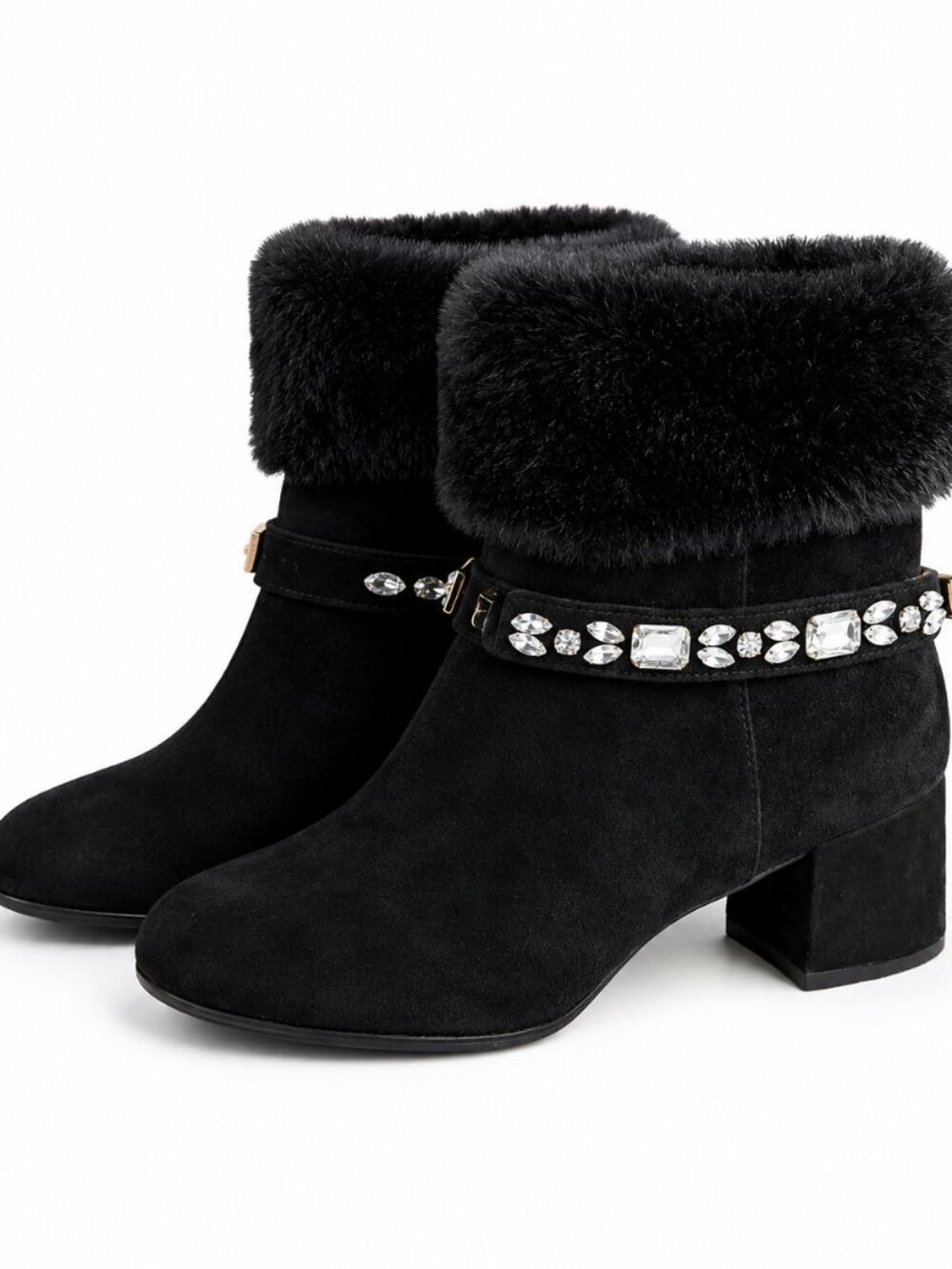 Adrienne Vittadini Lazar Black Fur Trim Ankle Boots 8.5 Block Heel Crystal